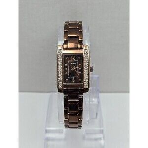Gruen II Womens Rose Gold Rectangular Watch Crystal Bezel Brown Dial New Battery